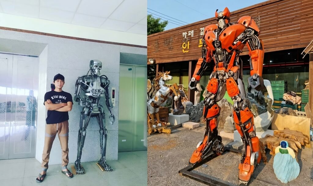 umar yang sedang berfoto dengan robot buataannya